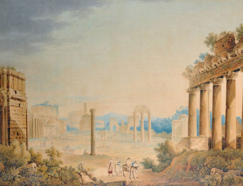 Franz Kaisermann (1765-1833) Swiss. 'The Roman Forum,: Franz Kaisermann (1765-1833) Swiss. 'The Roman Forum, looking west to the Arch of Septimus Severus and Capitoline', Watercolour, Signed, 21.5" x 30.5", and the companion piece, 'The Roman Forum lookin