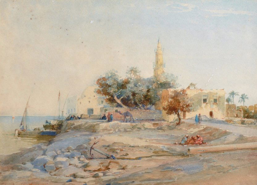 John Varley (1850-1933) British. An Eastern Scene with: John Varley (1850-1933) British. An Eastern Scene with Figures by Buildings, Watercolour, Signed, 10" x 13.5".