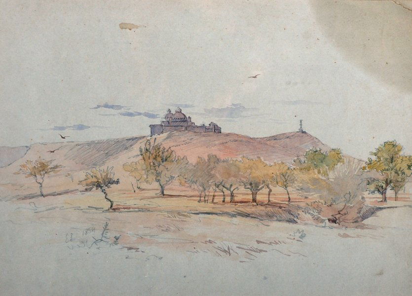 Circle of Edward Lear (1812-1888) British. A Maltese: Circle of Edward Lear (1812-1888) British. A Maltese Landscape, possibly Mdina in the distance, Watercolour, bears initials and a date 1854, 8.25" x 11.5".