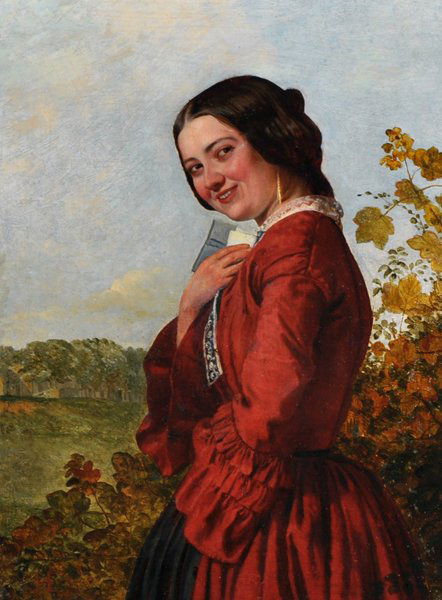 Henry Hetherington Emmerson (1831-1895) British. "No.3,: Henry Hetherington Emmerson (1831-1895) British. "No.3, The Love Letter", with a Young Girl in a Landscape, Oil on Panel, Signed with Initials, and Inscribed on a label on the reverse, 12" x 9".