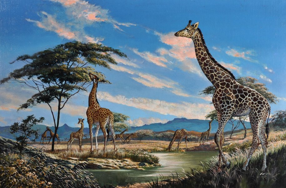 Eric Tansley (1916-1979) British. Giraffe's in a: Eric Tansley (1916-1979) British. Giraffe's in a Landscape, Oil on Canvas, 20" x 30".