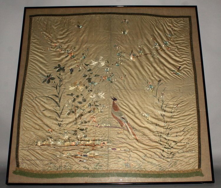 A LARGE FRAMED 19TH/20TH CENTURY SILK EMBROIDERY, (1 of 5)