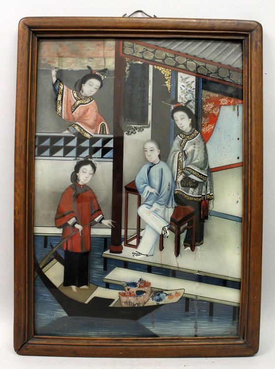 A CHINESE WOOD FRAMED REVERSE GLASS PAINTING, depicting: A CHINESE WOOD FRAMED REVERSE GLASS PAINTING, depicting a figural riverside terrace scene, the frame 22.2in x 16.2in.