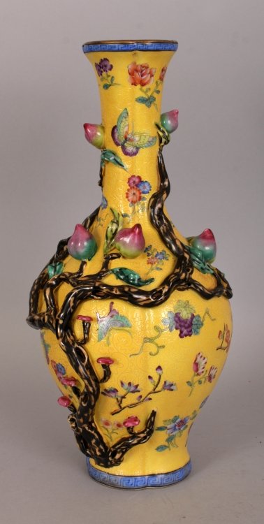 A CHINESE FAMILLE ROSE YELLOW GROUND PORCELAIN VASE, of (1 of 10)