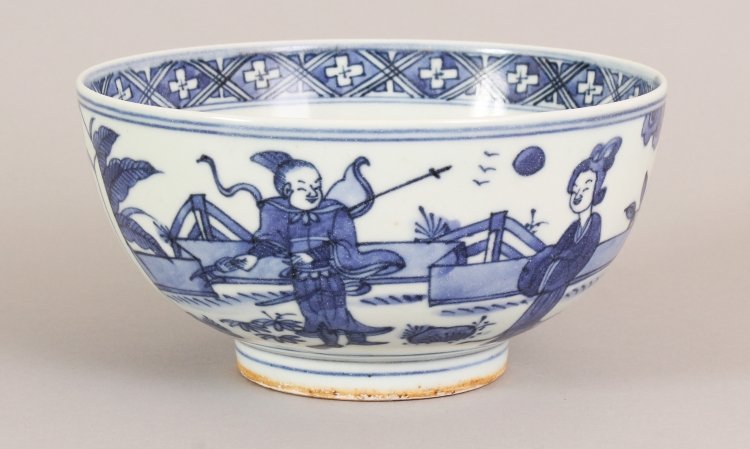 A CHINESE WANLI STYLE BLUE & WHITE PORCELAIN BOWL, the: A CHINESE WANLI STYLE BLUE & WHITE PORCELAIN BOWL, the sides decorated with figures in a fenced garden setting, the base with a six-character Wanli mark, 6.6in diameter & 3.3in high.