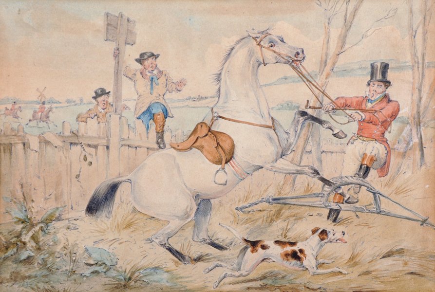 Attributed to Henry Alken (1810-1894) British. Hunting: Attributed to Henry Alken (1810-1894) British. Hunting Scene, Watercolour, Inscribed, Unframed, 6.5" x 9.25", and three others by the same hand, of various sizes, four (4).