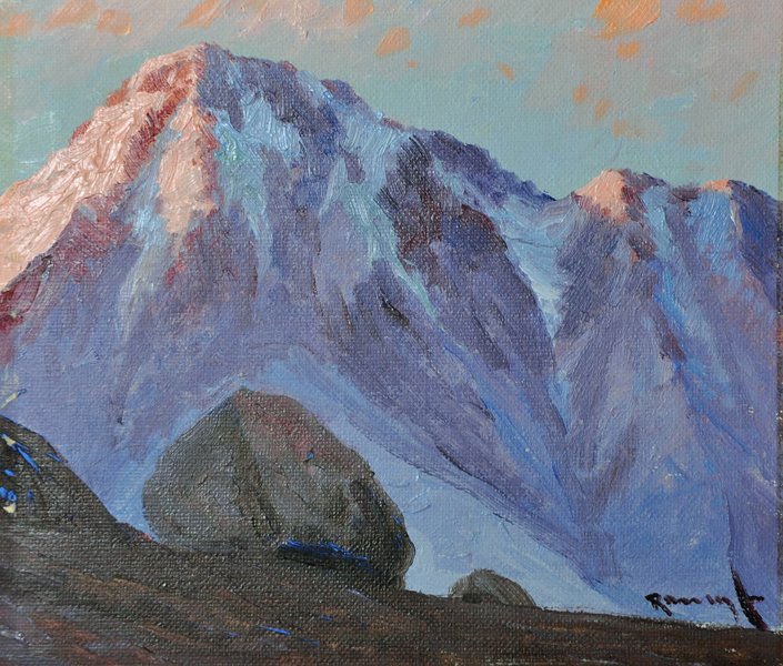 Benito Ramos Catalan (1888-1961) Chilean. 'Landscape of: Benito Ramos Catalan (1888-1961) Chilean. 'Landscape of the Cordillera Andes', Oil on Board, Signed, and Inscribed on the reverse, Unframed, 6" x 7".