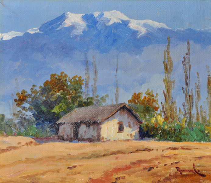 Benito Ramos Catalan (1888-1961) Chilean. 'Homestead: Benito Ramos Catalan (1888-1961) Chilean. 'Homestead before Snow Capped Mountains', Oil on Board, Signed, and Inscribed on the reverse, Unframed, 6" x 7".