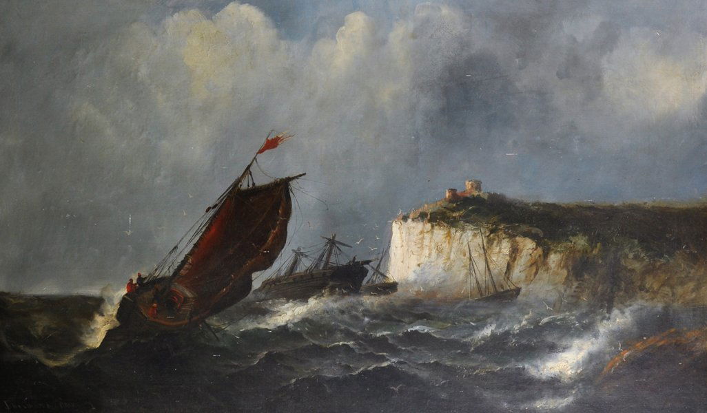 John Constable Fanning (19th Century) British. Shipping: John Constable Fanning (19th Century) British. Shipping in a swell off the coast, Oil on Canvas, Signed and Dated'78, 30" x 50".
