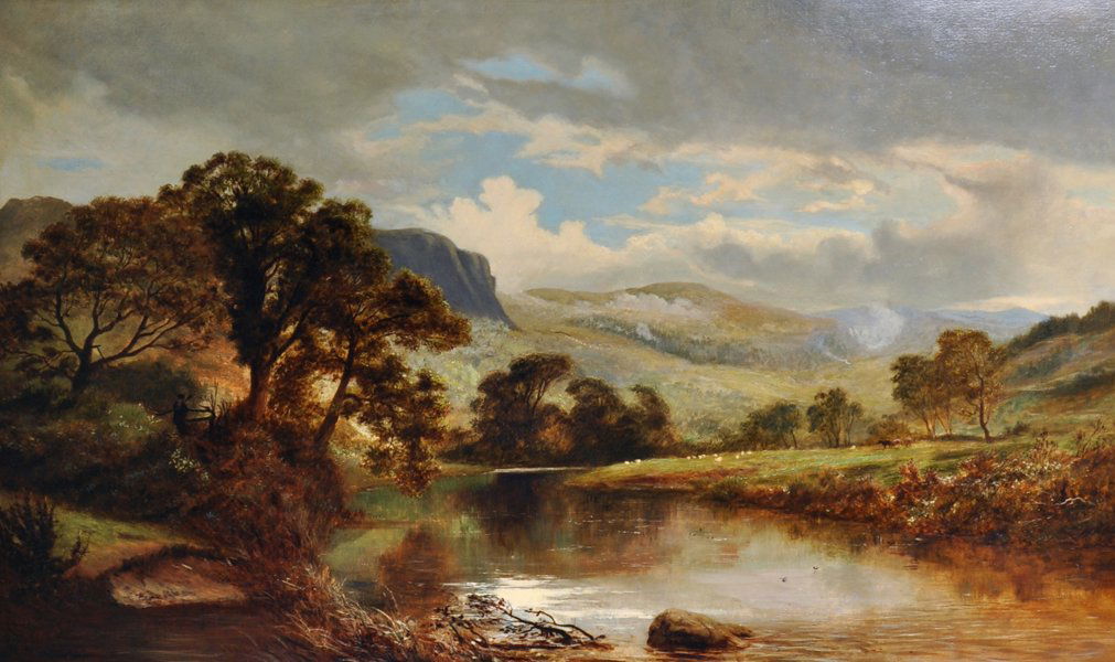 Robert Gallon (1845-1925) British. "On The Lledr, N.: Robert Gallon (1845-1925) British. "On The Lledr, N. Wales", A Mountainous River Landscape, with a Figure on a Path, Oil on Canvas, Signed and Dated 1876, 24" x 40".