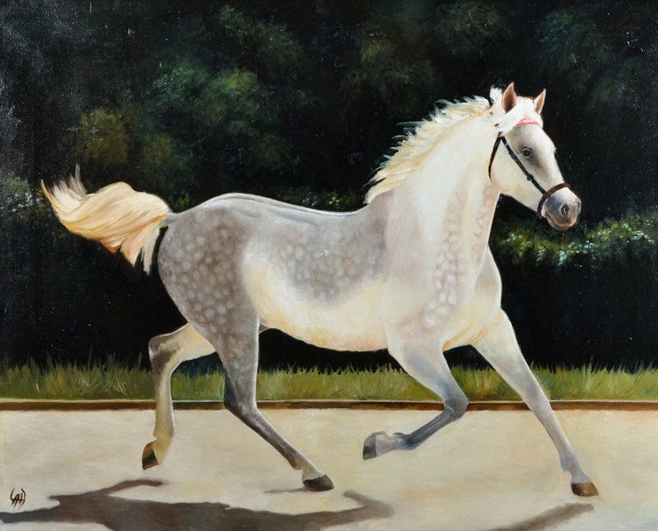 Circle of Doris Clare Zinkeisen (1898-1991) British.: Circle of Doris Clare Zinkeisen (1898-1991) British. Study of a White Horse, Oil on Canvas, Signed with Monogram, 19.5" x 24".