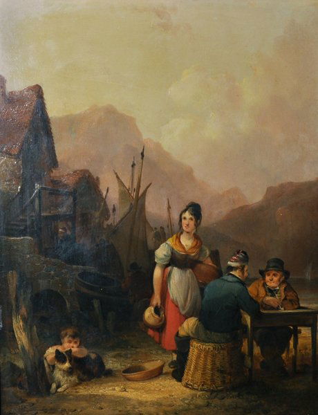 William Shayer Senior (1788-1879) British. "On The: William Shayer Senior (1788-1879) British. "On The Quayside", with Figures conversing, and a Young Boy and Dog in the foreground, Oil on Panel, Signed, 18" x 14". Provenance; Eastbourne Fine Art.