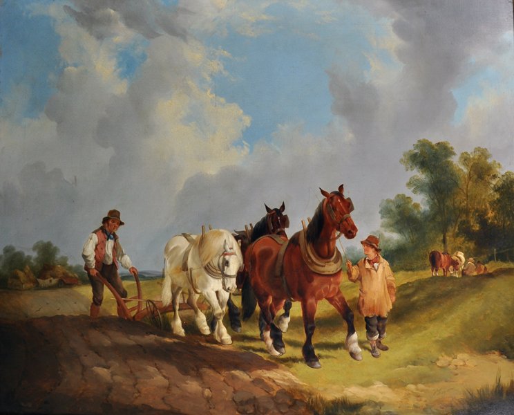 William Shayer Senior (1788-1879) British. 'The Plough: William Shayer Senior (1788-1879) British. 'The Plough Team", with Figures and Horses in a Field, Oil on Canvas, Signed, 28" x 36".