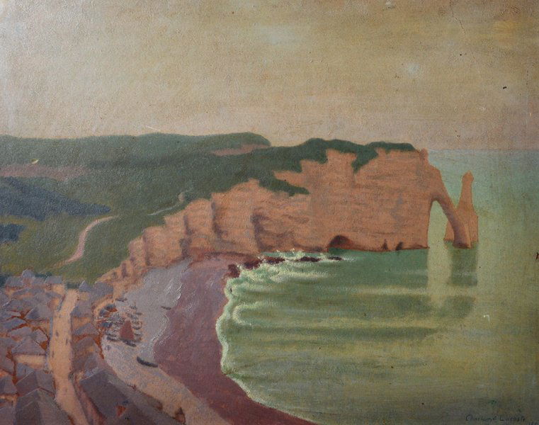 Charles Lacoste (1870-1959) French. 'Etratat' (France),: Charles Lacoste (1870-1959) French. 'Etratat' (France), A Coastal Scene, with the Fishing Village, and Beached Boats in the foreground, Oil on Board, Signed and Dated 1902, 16" x 20".