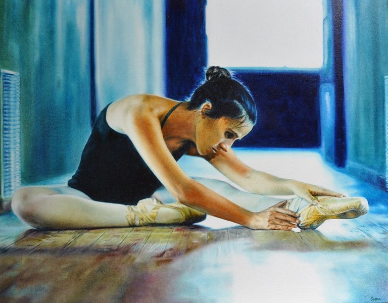 Alfredo Soria (1981- ) Cuban. Study of a Ballet: Alfredo Soria (1981- ) Cuban. Study of a Ballet Dancer Stretching, Oil on Canvas, Signed, 31.5" x 39".