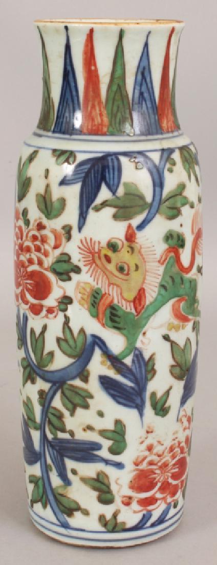 A CHINESE WUCAI PORCELAIN SLEEVE VASE, decorated with (1 of 7)