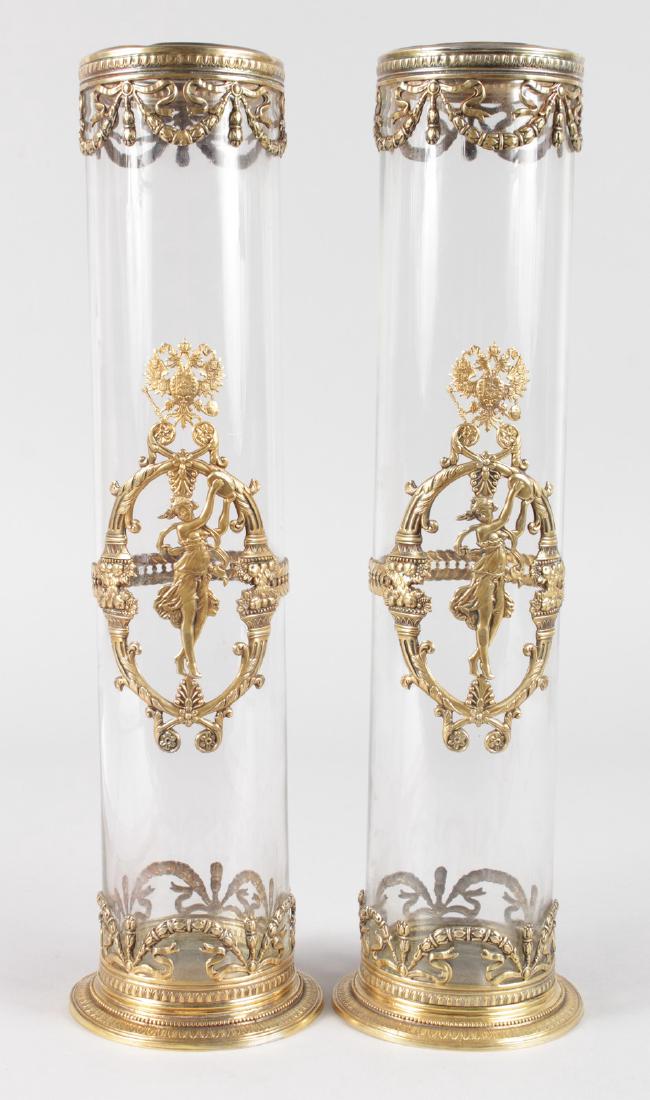 PAIR, RUSSIAN SILVER MOUNTED VASES BY GRACHEV BROTHERS: A SUPERB PAIR OF RUSSIAN SILVER GILT MOUNTED GLASS VASES with female dancers, cornucopia and garlands by Grachev Brothers. Stamped Head 88. 14ins high.