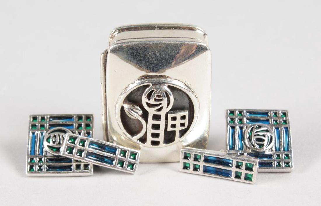 A PAIR OF SILVER AND ENAMEL CELTIC CUFFLINKS AND PILL: A PAIR OF SILVER AND ENAMEL CELTIC CUFFLINKS AND PILL BOX.