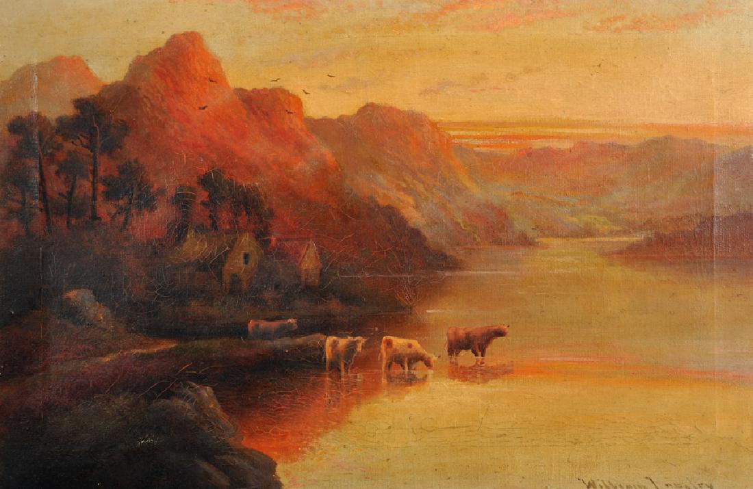 William Langley (19th - 20th Century) British. A: William Langley (19th - 20th Century) British. A Mountainous River Landscape, with Cattle Watering in the foreground, Oil on Canvas, Signed, 16" x 24".