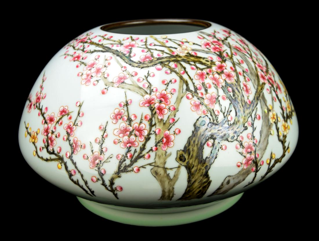 A Chinese Jingdezheng Hand Crafted Famille Rose: A Chinese Jingdezheng Hand Crafted Famille Rose Porcelain Vase with Hand Painted Red Plum Blossoms, marked and sealed as "Wang Heting Painted at Changnan" | 景德鎮粉彩