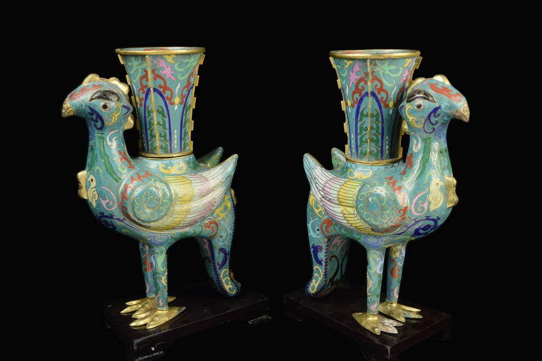 [Chinese] A Pair of Turquoise Grounded Cloisonne Han: [Chinese] A Pair of Turquoise Grounded Cloisonne Han Style Phoenix Lamps | 漢式松石綠地景泰藍鳳凰燈盞一對 Dime
