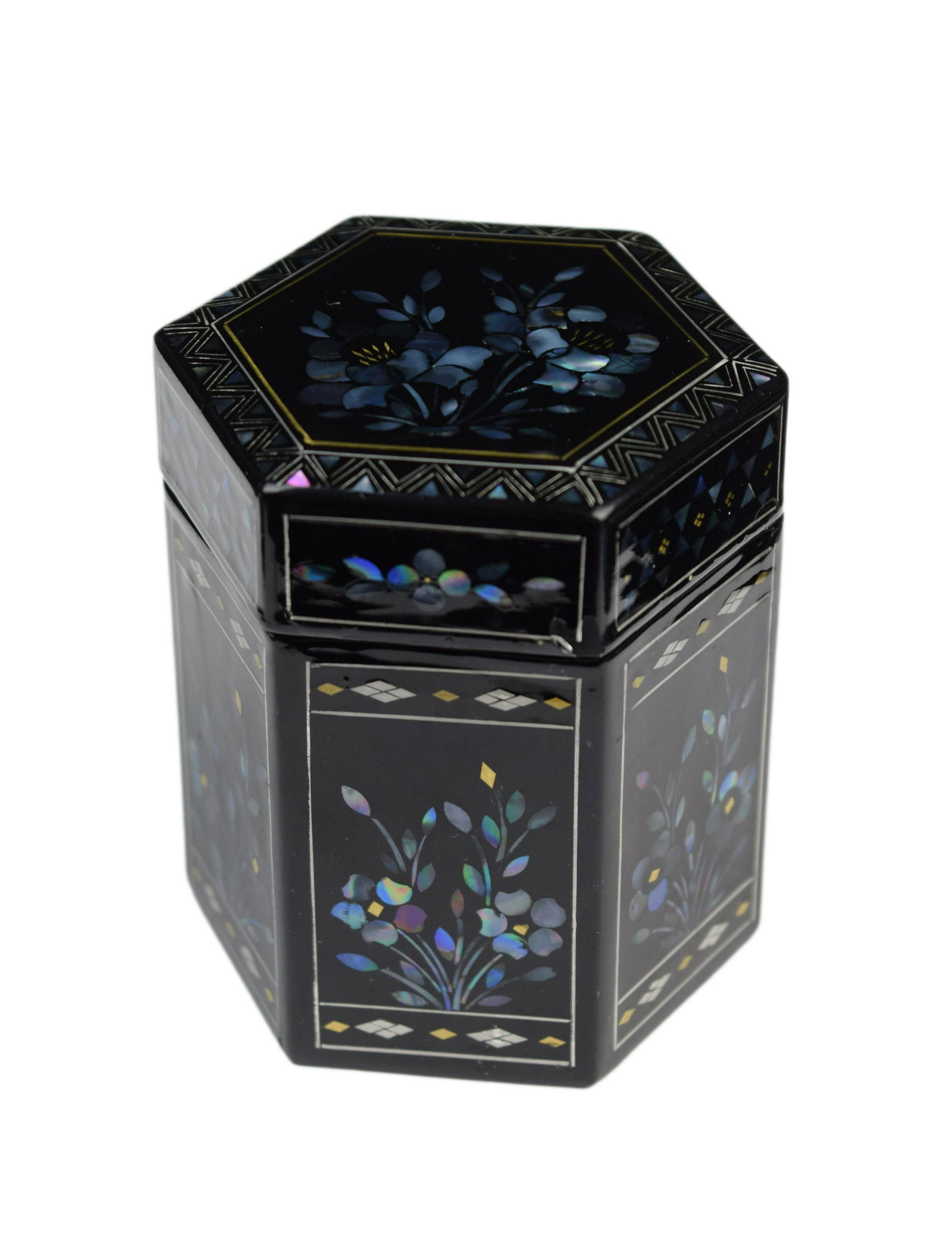 A Black Lacquered Hexagon Box with Nacre inlaid flowers (1 of 4)