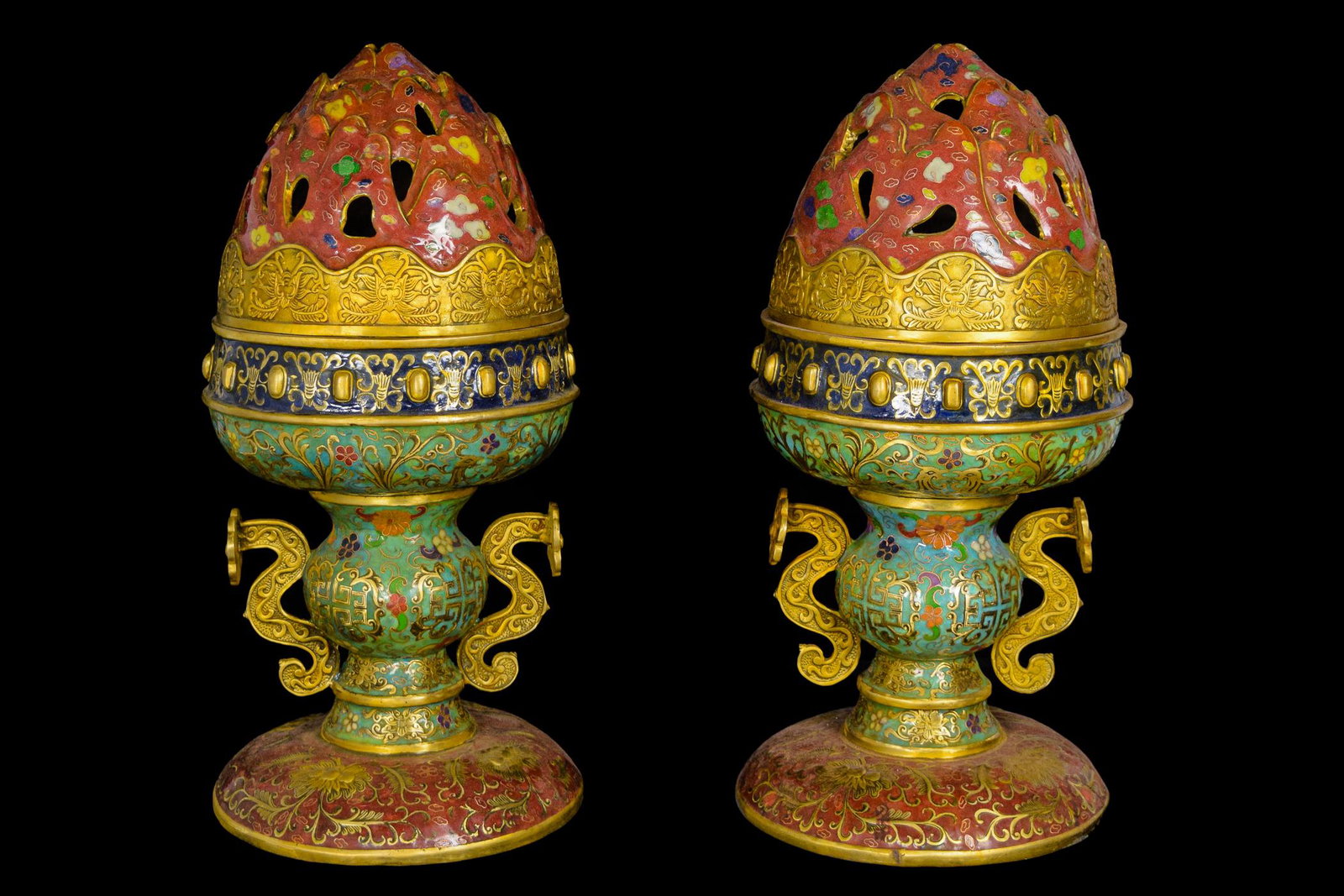 [Chinese] A Pair of Cloisonne Mountain Shape Goblet Style Censors (1 of 6)