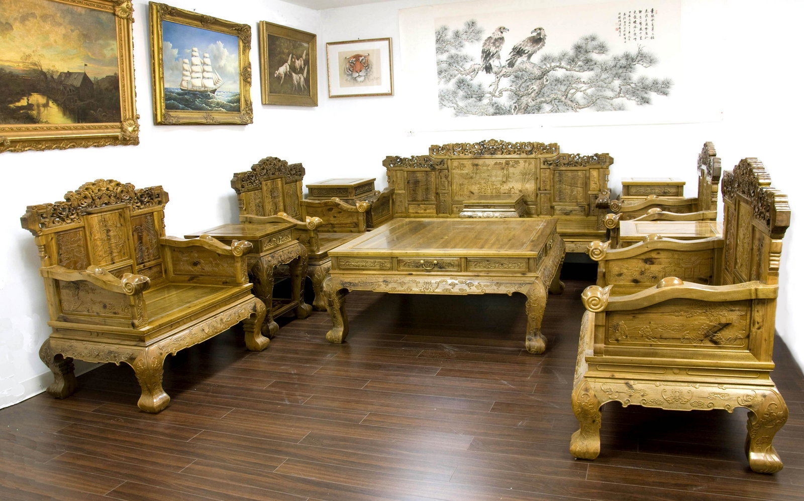 Chinese Golden Phebe Wood Livingroom Set (11 Pcs, including 1 Couch, 1 Couch Table, 4 Chairs, 2: Chinese Golden Phebe Wood Livingroom Set (11 Pcs, including 1 Couch, 1 Couch Table, 4 Chairs, 2 Small Tea Tables, 2 Flower Stands, and 1 Big Tea Table) | 金絲楠雕花࣪