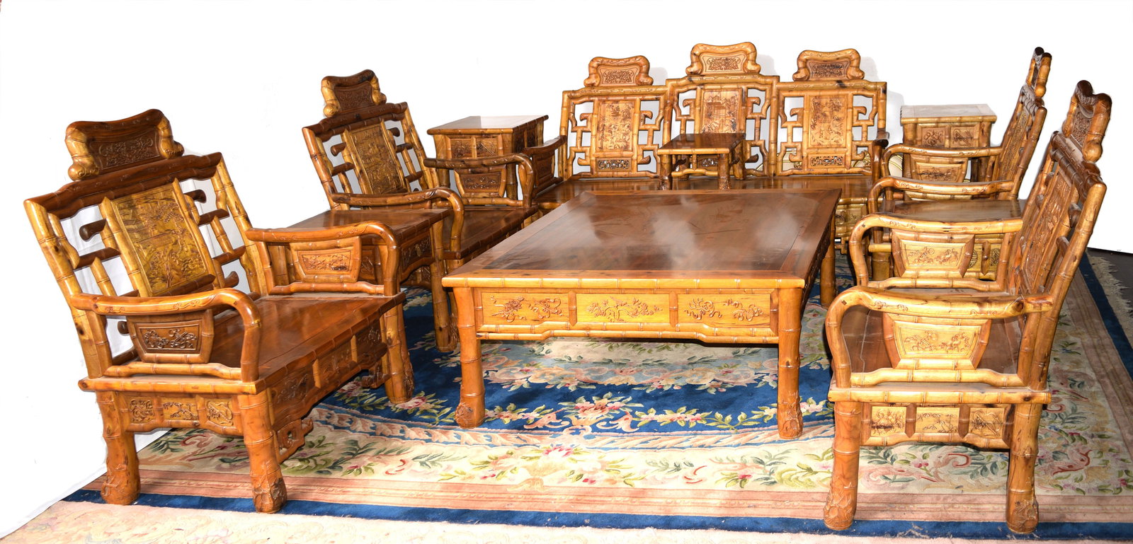 Chinese Hardwood Wood Livingroom Set with Bamboo Carving: Chinese Hardwood (jinsinan) Livingroom Set with Bamboo Carving (1 Couch, 4 chairs, 2 small tea tables, 1 big tea table, 1 couch top tea table, 2 vase stands. 11 pcs in total) 金絲楠&