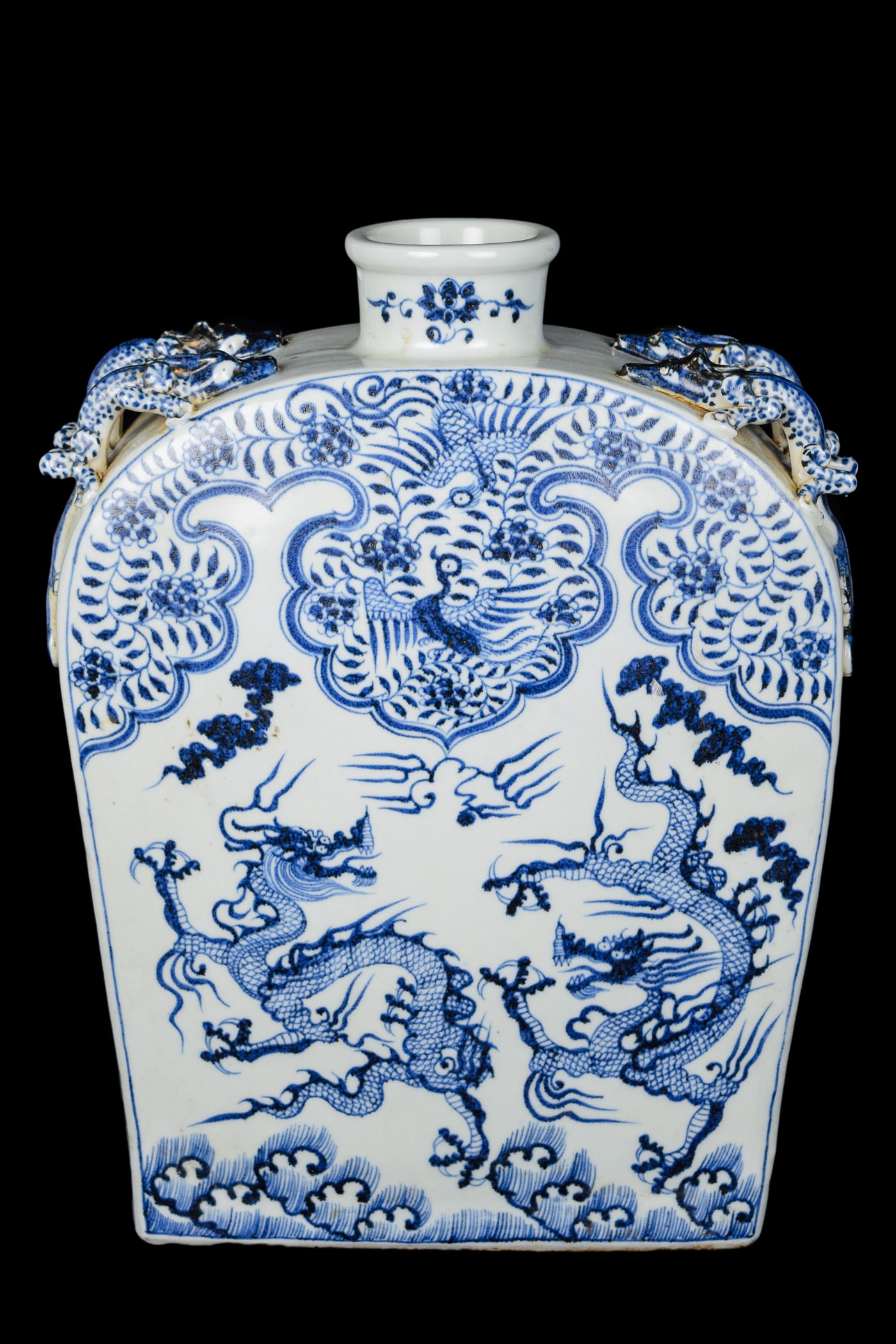 [Chinese] A Blue and White Porcelain Flask with Dual Dragon and Phoenix: [Chinese] A Blue and White Porcelain Flask with Dual Dragon and Phoenix, marked "June of Eighth Year of Zhizheng Era | 【至正八年六月】款 青