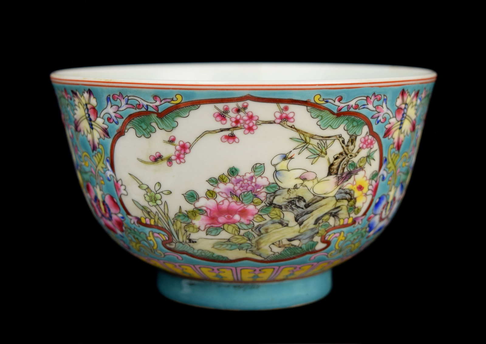 [Chinese] A Blue Ground Faience Porcelain Bowl with Interlocking g Lotus and Windows of Birds and (1 of 5)