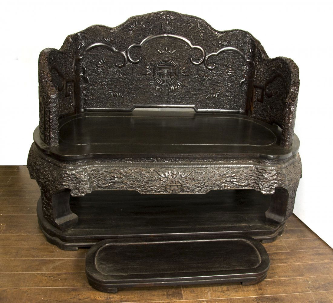 Chinese Padauk (Zitan) Throne and Footrest Set with Bat (1 of 5)