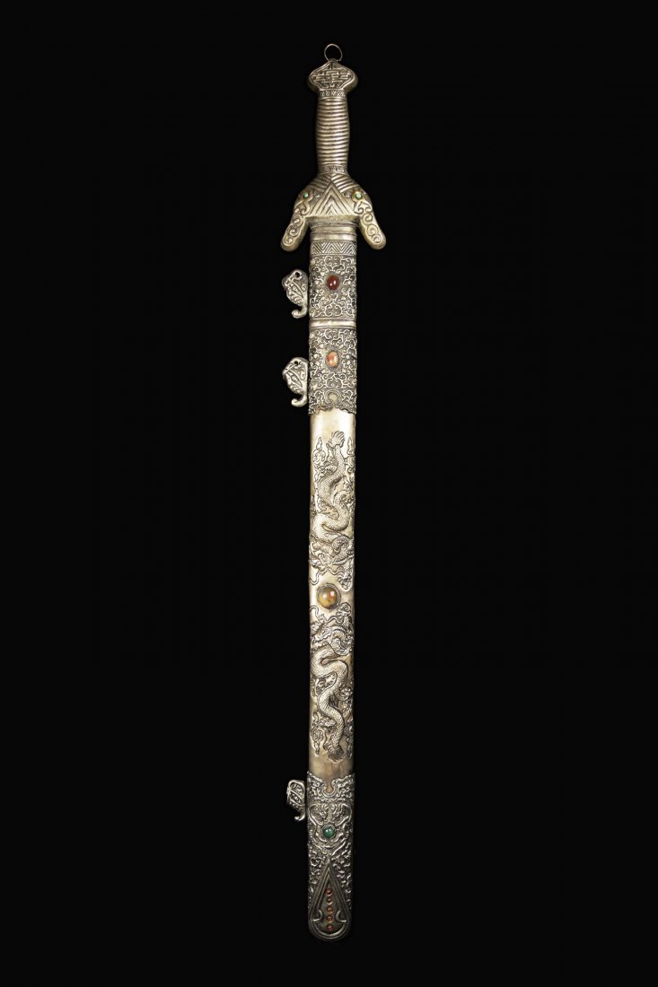 An Old Chinese Sword with Agate Studded Scabbard of (1 of 6)