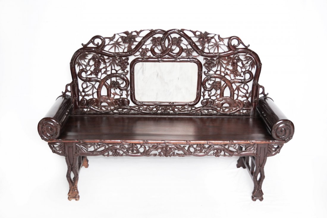 An Old Chinese Hardwood Sofa with Marble Inlaid Back: An Old Chinese Hardwood Sofa with Marble Inlaid Back and Hollow-Out Flower and Bird Carving | 老紅木鑲雲石鏤雕花鳥沙發 Dimension