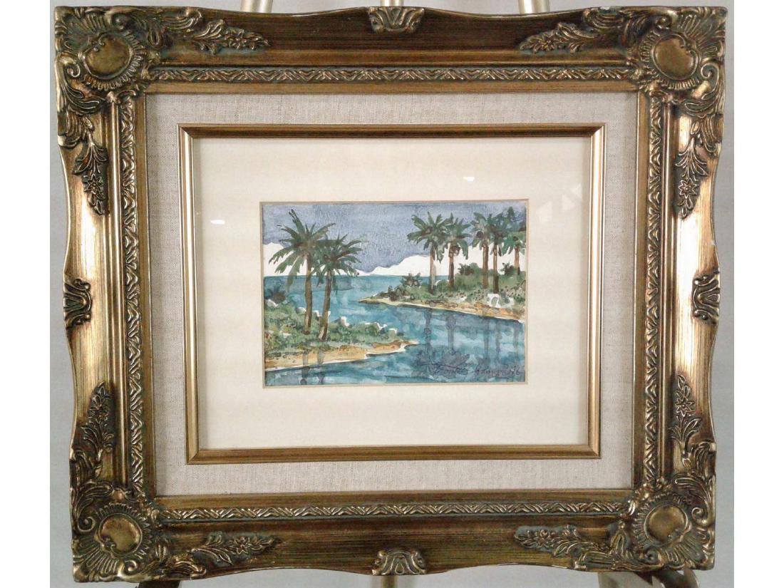 Tropical Landscape by Thomas Johnson: Late 20th, early 21st century American artist. Framed watercolor painting on water. Measures 4.5" x 6.5", 13" x 15" framed size. Signed and dated 1996 on lower right. Good condition.