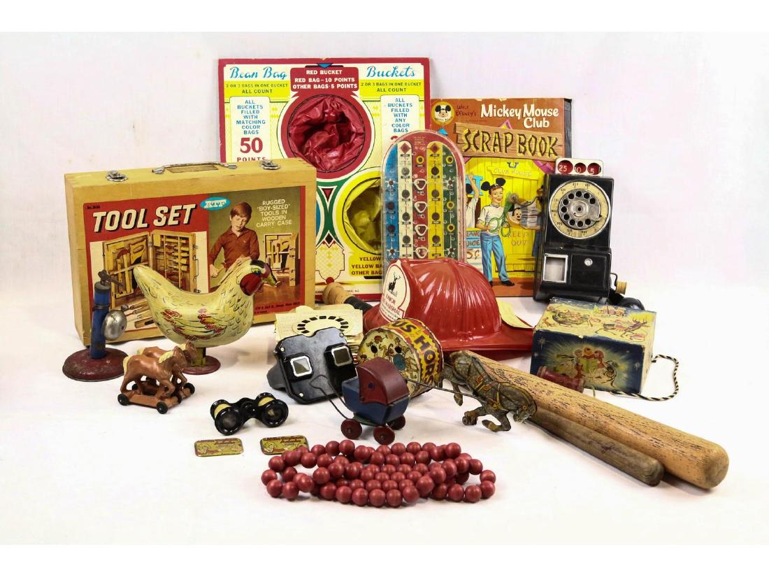 Vintage Box Lot Toys Tin Windup Wood Metal: Box Lot of Various Played With Toys. See Photos.