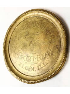 Elgin Eagle Brewing Brass Beer Tray: Engraved brass tray advertising Elgin Eagle Brewing Company Adler Brau Export Beer, Elgin, Illinois. Measures 11.75" diameter.