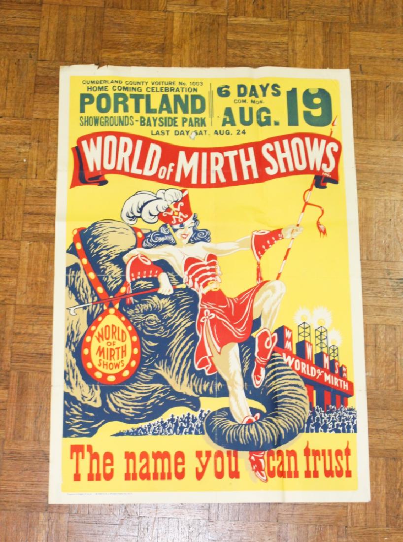1 Sheet World of Mirth Circus Poster: Silk screen poster circa 1946 by E. J. Warner Poster Company, NY, New York. Advertising the World of Mirth Shows August 19th, In Portland. Poster features an elephant holding up a female trainer in hi