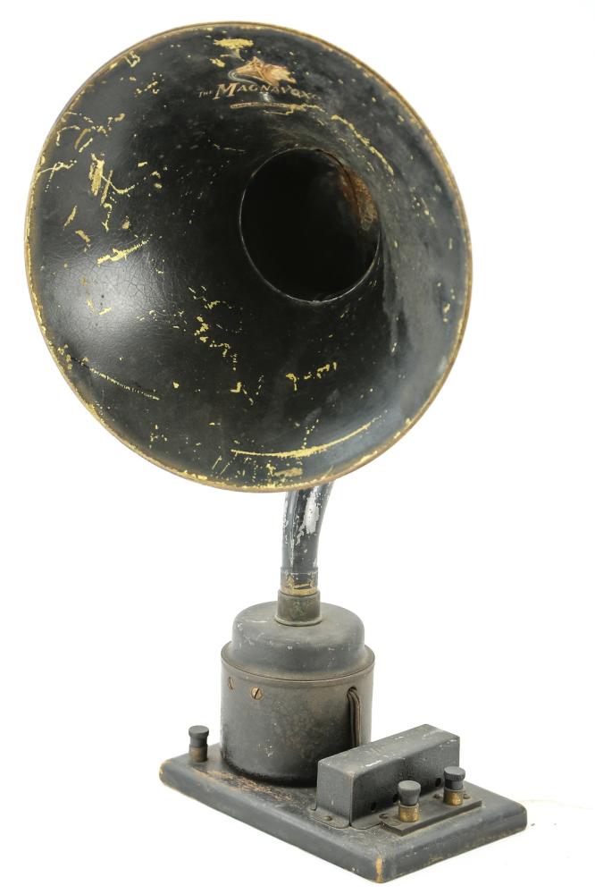 Magnavox Radio Speaker: Loads of scratches to paint, but no dents or breaks to metal. Horn diameter 11", overall height 20 3/8".