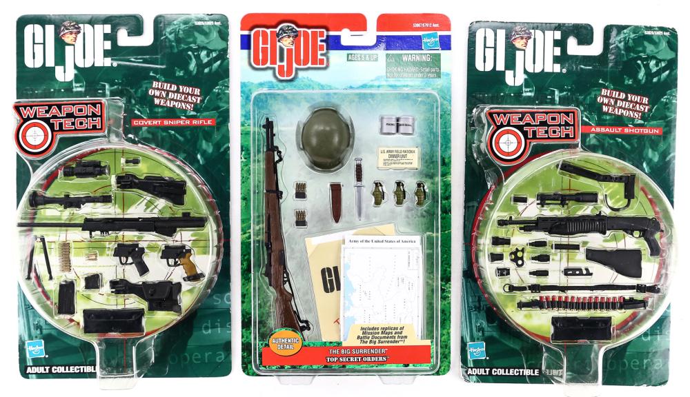 GI Joe 2001 Accessories Lot: GI Joe The Big Surrender Top Secret Orders accessories from 2001, Weapon Tech Convert Sniper Rifle accessories from 2001 & Weapon Tech Assault Shotgun accessories from 200. New in the box. Box shows s