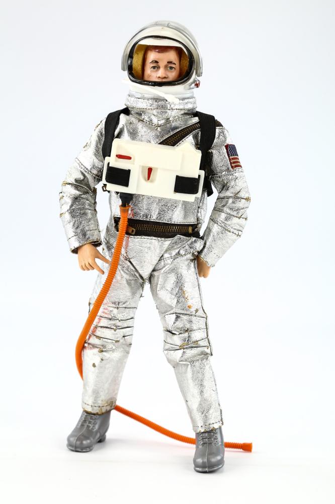 1966 Original GI Joe 12" Action Figure/Astronaut: Original 1966 GI Joe action figure by Hasbro. Figure has small stress fractures on knee, one upper thigh and on wrist and elbow of one arm. Feet are included but stuck in the boots. Has some paint wea