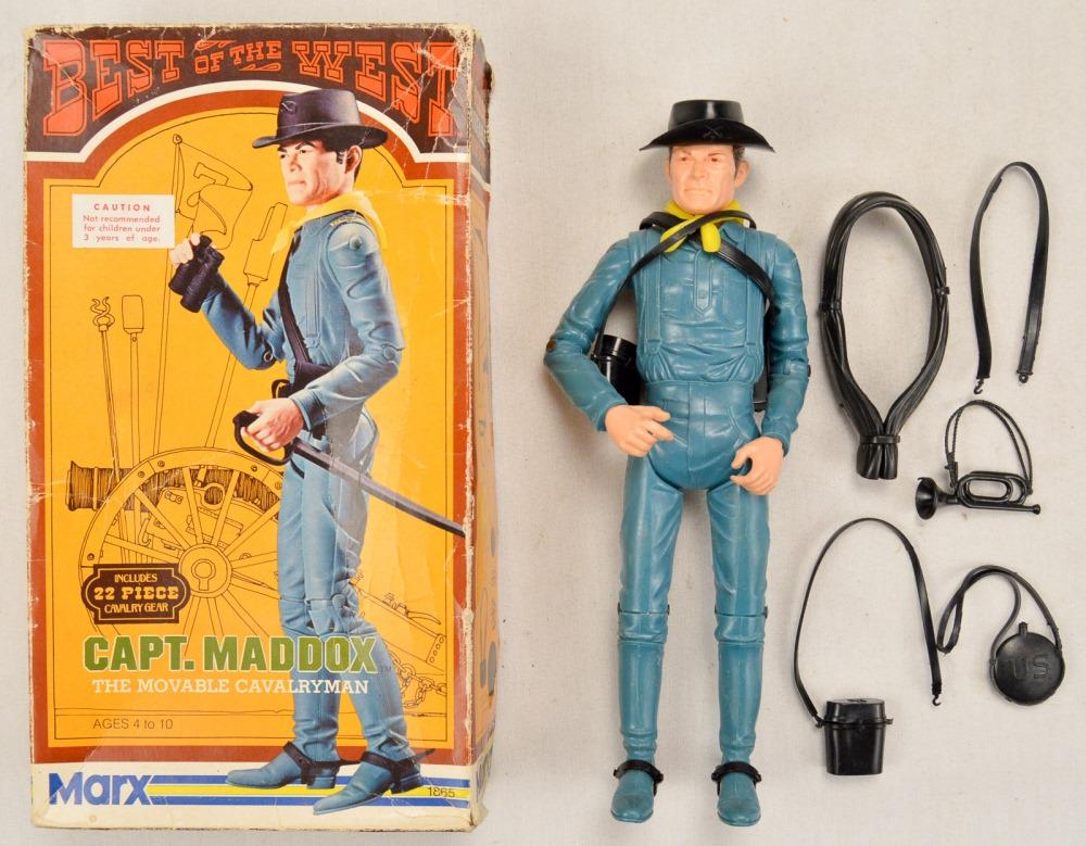 1960's Marx Capt. Maddox Cavalryman Action Figure: 1960's Capt. Maddox action figure with box and some accessories. Figure is in overall good condition. Box is in fair condition for its age.