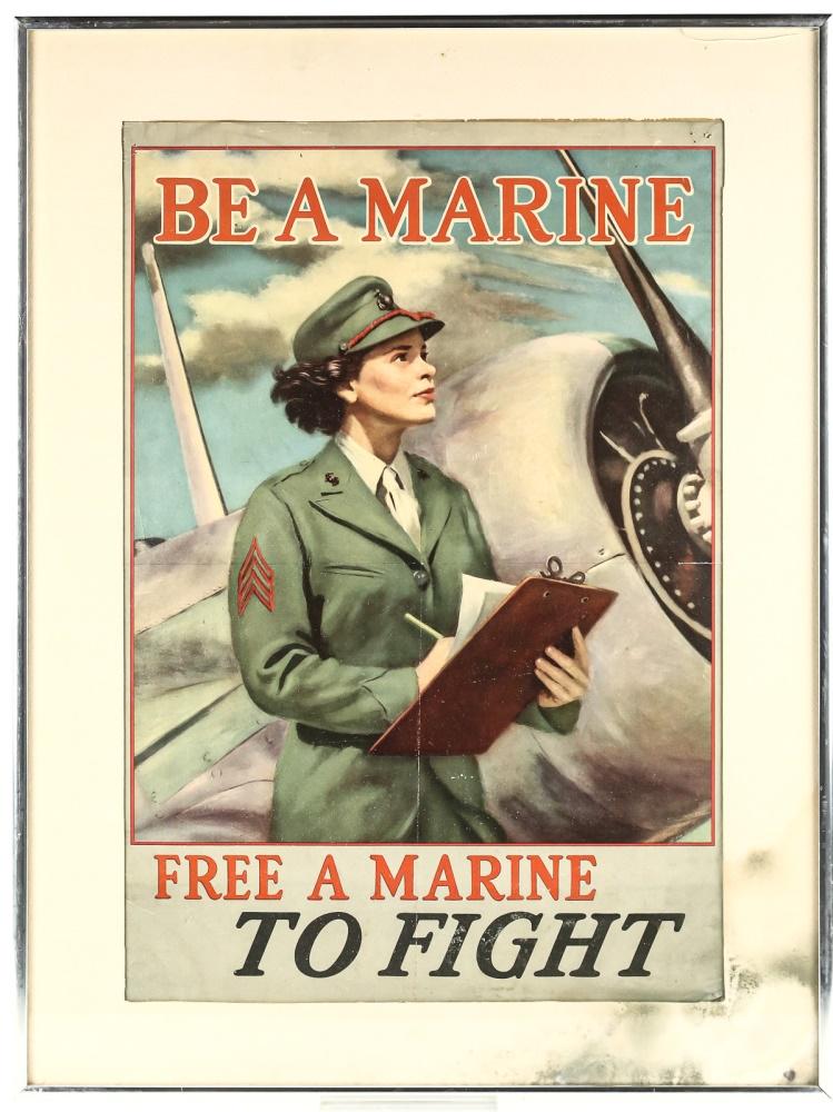 WWII Framed Print “Be A Marine”: Framed print “Be A Marine- Free A Marine To Fight” for the Women’s Marine Reserves. Poster was folded with some surface dirt at the bottom. Overall good condition. See photos. Measures 24.5”x 
