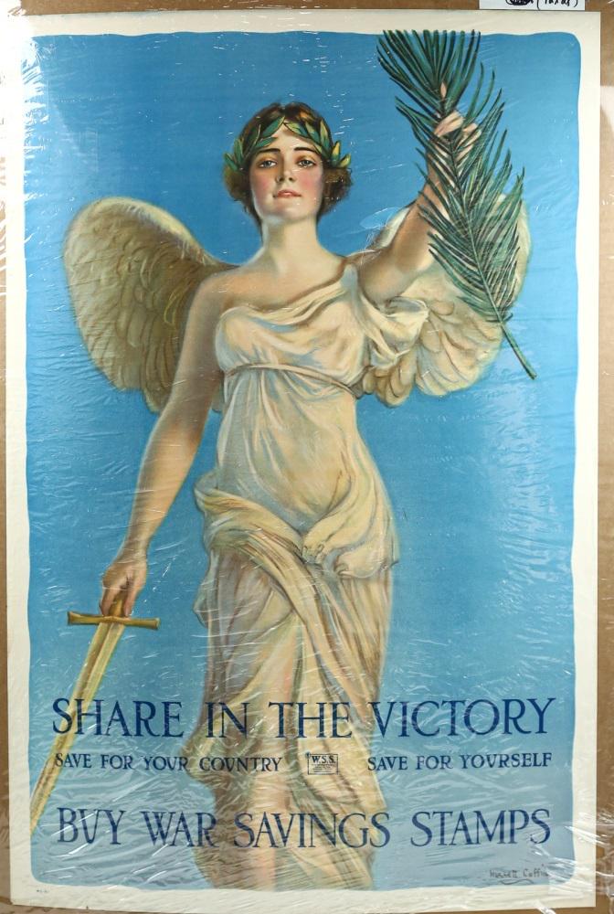 WWI Original Lithograph Poster: WWI original poster, “Share In The Victory”. Poster is in great condition with no noticeable holes or rips. See photos. Measures 42x28”.