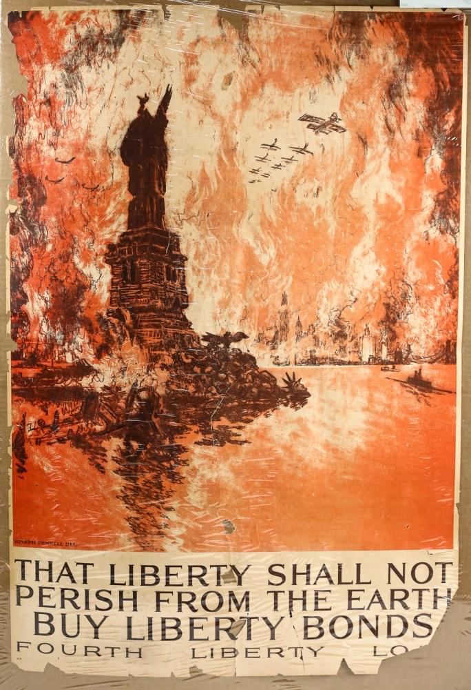 WWI Original Lithograph Poster: WWI original poster, “That Liberty Shall Not Perish”. Poster has ripped edges and holes near the center. Overall fair condition. See photos. Measures 41x28”. $100-500