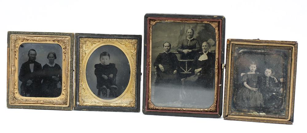 4 Various Civil War-Era Civilian Images: Four 1/6th and 1/4th ambrotype and daguerreotype in half leatherette cases. Pictures are of civilians. Average condition. See photos.