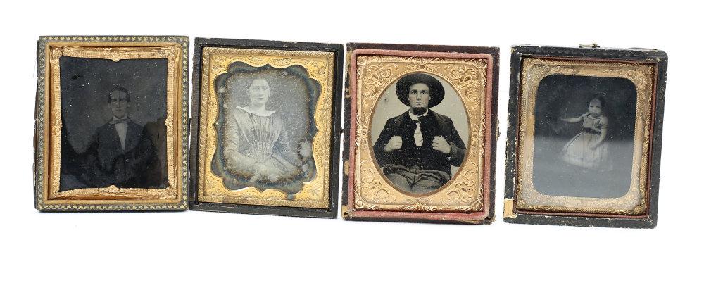 1/6th Civil War-Era Civilian Images (4): Four 1/6th ambrotype and daguerreotype in half cases. Pictures are of civilians. Average condition. See photos.