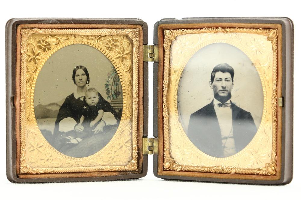 1/6th Double Case Ambrotype Civilian Images: 1/6th Double Case Ambrotype Civilian Images woman, child, husband in union case, hinge intact with a few minor edge chips