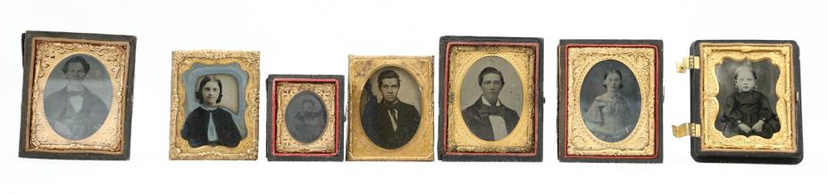 7 Various Civil War-Era Civilian Images: Lot includes three 1/9 plate ambrotypes in half leatherette cases, one 1/9 plate ambrotype in half gutta percha case, two 1/9 ambrotypes with no case, one 1/6 plate tintype in half leatherette case