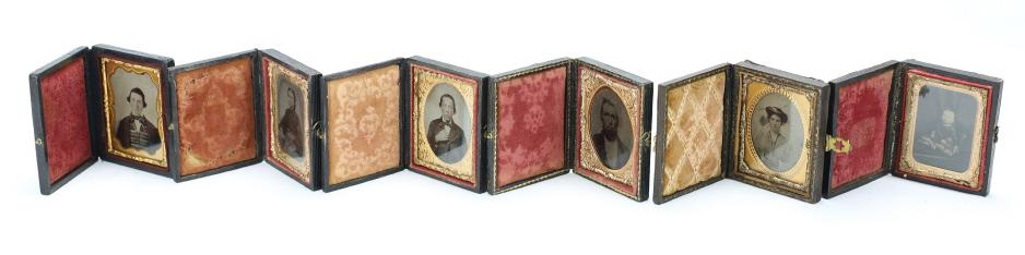 1/6th Civil War-Era Civilian Images (6): Six 1/6th ambrotype and daguerreotype in full leatherette cases. Pictures are of civilians, toddler in traditional dress. Average condition. See photos.